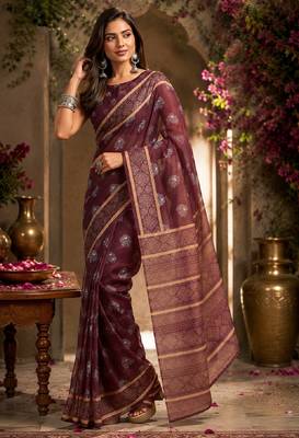 wine chanderi cotton printed work designer party wear festive 1 minute ready to wear saree with unstitched blouse piece 4