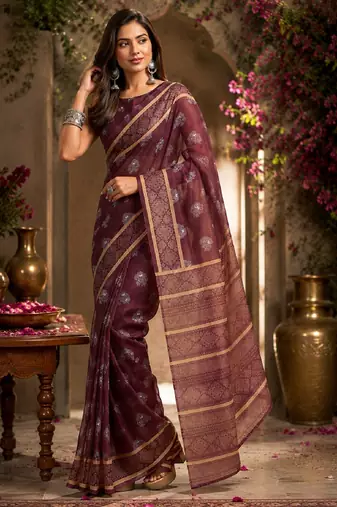 wine chanderi cotton printed work designer party wear festive 1 minute ready to wear saree with unstitched blouse piece