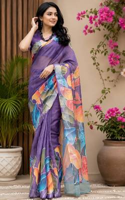 purple chanderi cotton printed party wear festive 1 minute pre draped saree piece 4