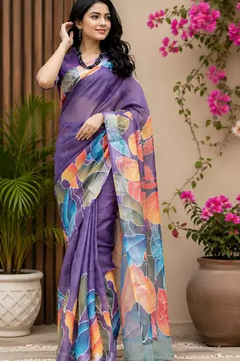 purple chanderi cotton printed party wear festive 1 minute pre draped saree piece