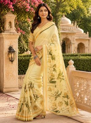 cream green chanderi cotton printed party wear festive 1 minute ready made saree piece 1