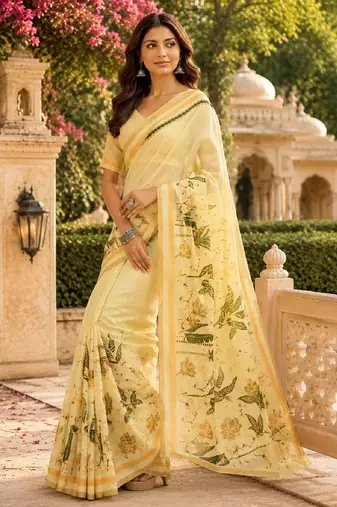 cream green chanderi cotton printed  party wear festive 1 minute ready to wear saree with unstitched blouse piece