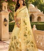 cream green chanderi cotton printed  party wear festive 1 minute ready to wear saree with unstitched blouse piece