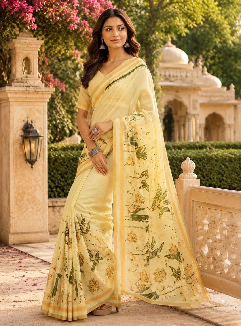 cream green chanderi cotton printed  party wear festive 1 minute ready to wear saree with unstitched blouse piece