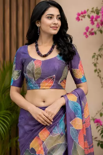 purple chanderi cotton printed party wear festive 1 minute pre draped saree piece