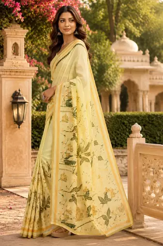 cream green chanderi cotton printed party wear festive 1 minute ready made saree piece