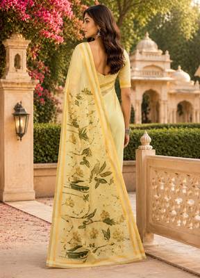 cream green chanderi cotton printed party wear festive 1 minute ready made saree piece 3