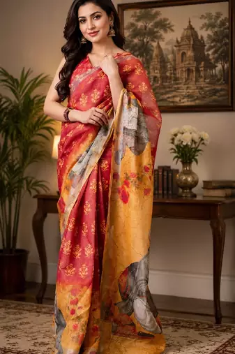 red yellow chanderi cotton printed  party wear festive 1 minute ready to wear saree with unstitched blouse piece