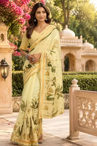 cream green chanderi cotton printed party wear festive 1 minute ready made saree piece