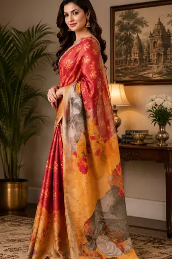 red yellow chanderi cotton printed  party wear festive 1 minute ready to wear saree with unstitched blouse piece