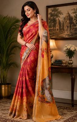 red yellow chanderi cotton printed party wear festive 1 minute ready to wear saree with unstitched blouse piece 4
