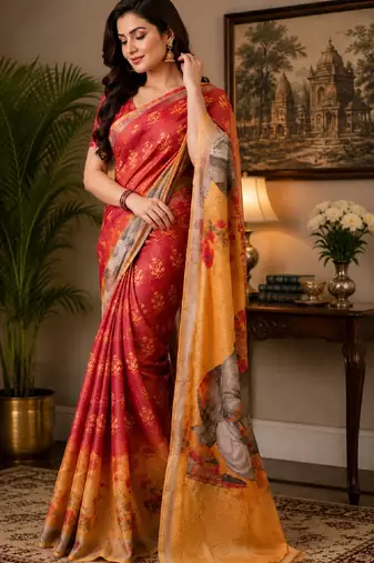 red yellow chanderi cotton printed  party wear festive 1 minute ready to wear saree with unstitched blouse piece