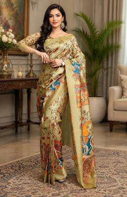 beige chanderi cotton printed designer party wear festive 1 minute ready to wear saree with unstitched blouse piece 1