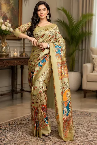 beige chanderi cotton printed  designer party wear festive 1 minute ready to wear saree with unstitched blouse piece