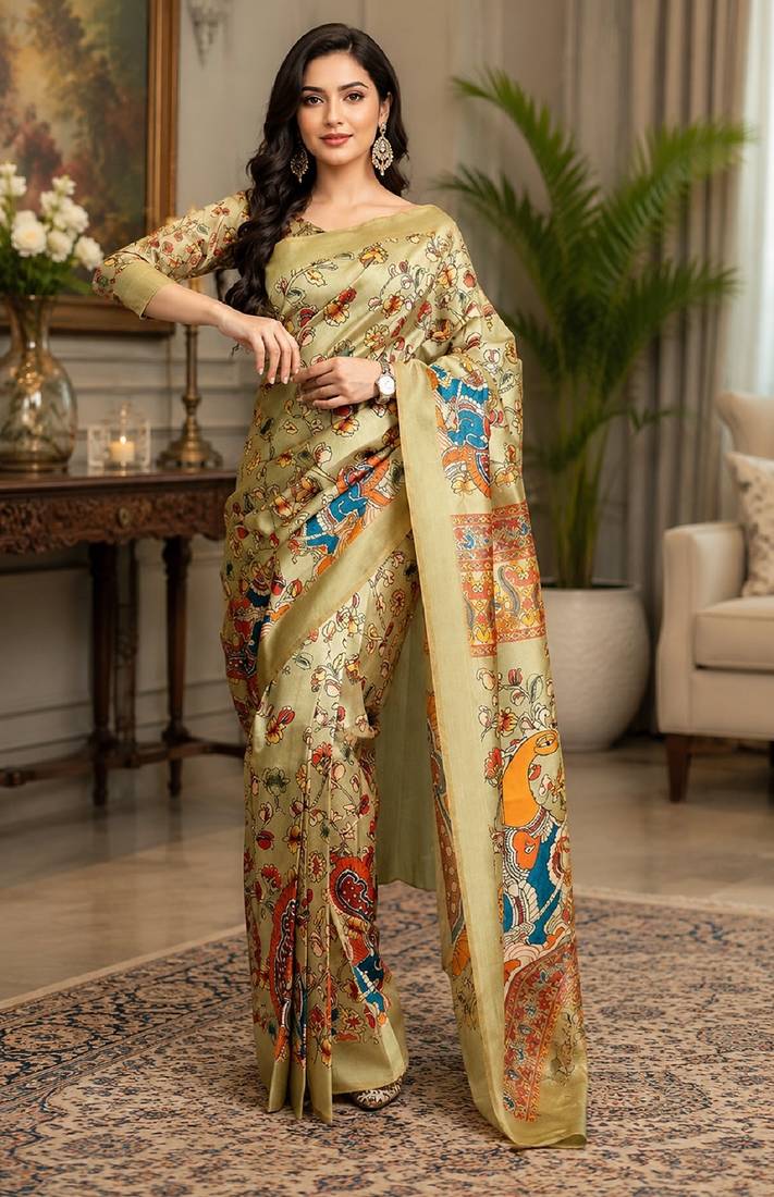beige chanderi cotton printed  designer party wear festive 1 minute ready to wear saree with unstitched blouse piece