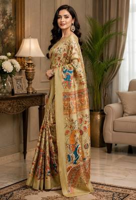 beige chanderi cotton printed designer party wear festive 1 minute ready to wear saree with unstitched blouse piece 2