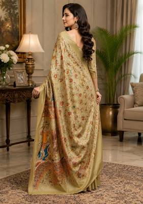 beige chanderi cotton printed designer party wear festive 1 minute ready to wear saree with unstitched blouse piece 3