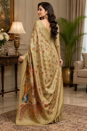 beige chanderi cotton printed designer party wear festive 1 minute ready to wear saree with unstitched blouse piece