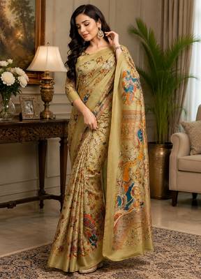 beige chanderi cotton printed designer party wear festive 1 minute ready to wear saree with unstitched blouse piece 4