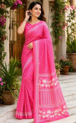 pink chanderi cotton printed work designer party wear festive 1 minute ready to wear saree with unstitched blouse piece 1