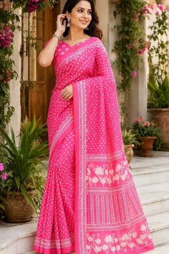 pink chanderi cotton printed work designer party wear festive 1 minute ready to wear saree with unstitched blouse piece