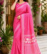 pink chanderi cotton printed work designer party wear festive 1 minute ready to wear saree with unstitched blouse piece