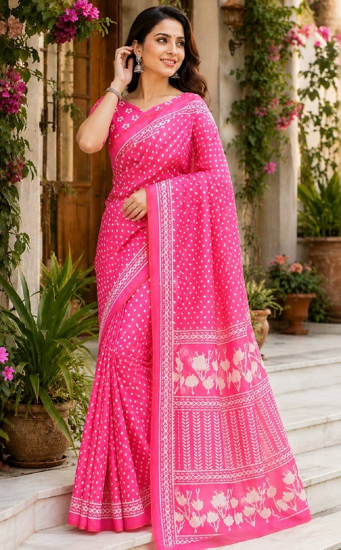 pink chanderi cotton printed work designer party wear festive 1 minute ready to wear saree with unstitched blouse piece