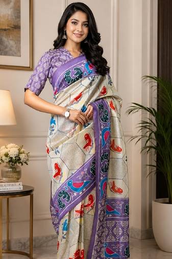 off white lavender chanderi cotton printed party wear festive 1 minute ready to wear saree with unstitched blouse piece