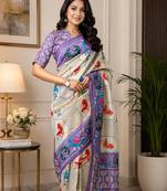 off white lavender chanderi cotton printed party wear festive 1 minute ready to wear saree with unstitched blouse piece