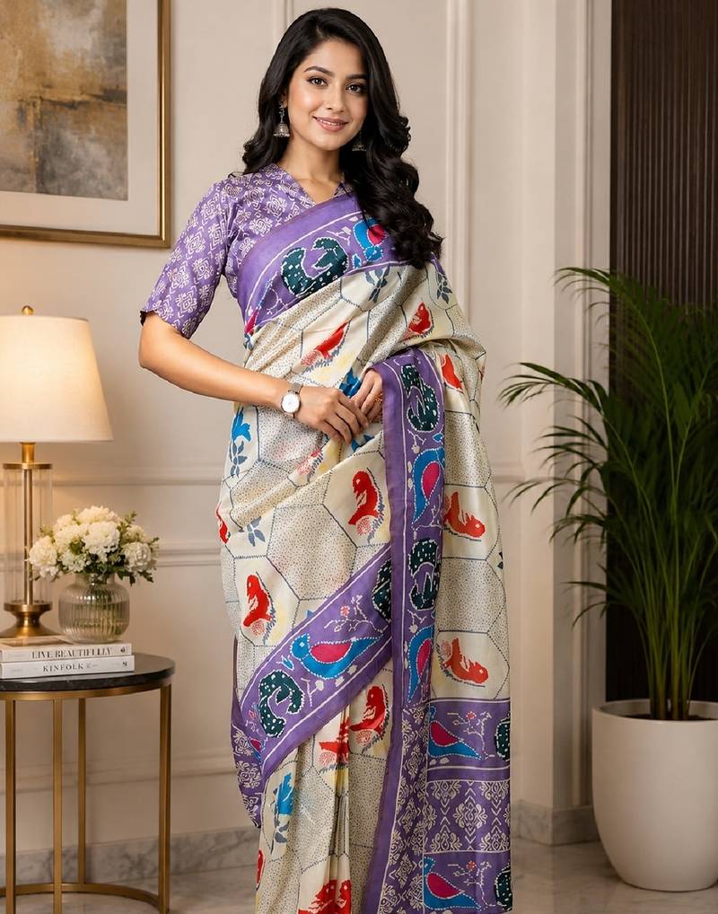 off white lavender chanderi cotton printed party wear festive 1 minute ready to wear saree with unstitched blouse piece