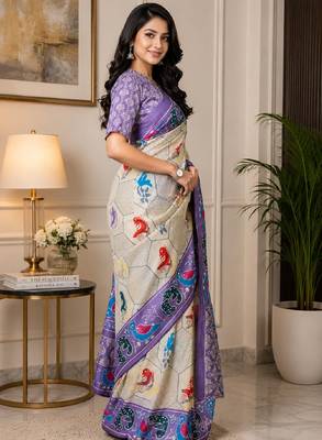 off white lavender chanderi cotton printed party wear festive 1 minute ready to wear saree with unstitched blouse piece 2