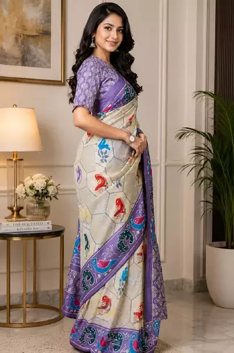off white lavender chanderi cotton printed party wear festive 1 minute ready to wear saree with unstitched blouse piece