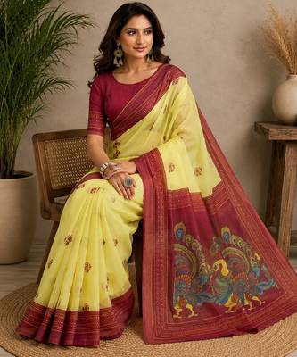 yellow maroon chanderi cotton printed party wear festive 1 minute ready to wear saree piece 1