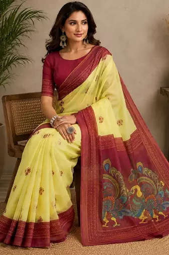 yellow maroon chanderi cotton printed party wear festive 1 minute ready to wear saree piece