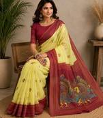 yellow maroon chanderi cotton printed party wear festive 1 minute ready to wear saree with unstitched blouse piece