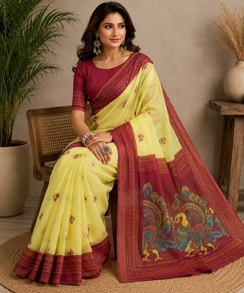 yellow maroon chanderi cotton printed party wear festive 1 minute ready to wear saree with unstitched blouse piece
