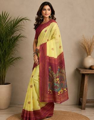 yellow maroon chanderi cotton printed party wear festive 1 minute ready to wear saree piece 3