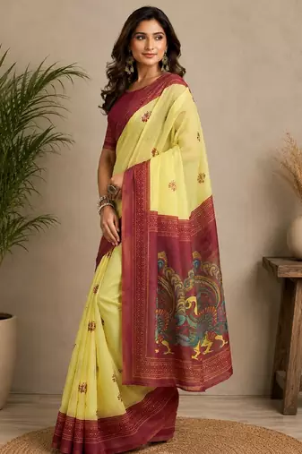 yellow maroon chanderi cotton printed party wear festive 1 minute ready to wear saree piece