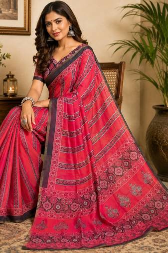 pink black chanderi cotton printed  party wear festive 1 minute ready to wear saree with unstitched blouse piece