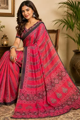 pink black chanderi cotton printed  party wear festive 1 minute ready to wear saree with unstitched blouse piece
