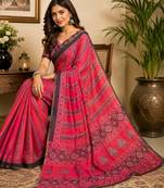 pink black chanderi cotton printed  party wear festive 1 minute ready to wear saree with unstitched blouse piece