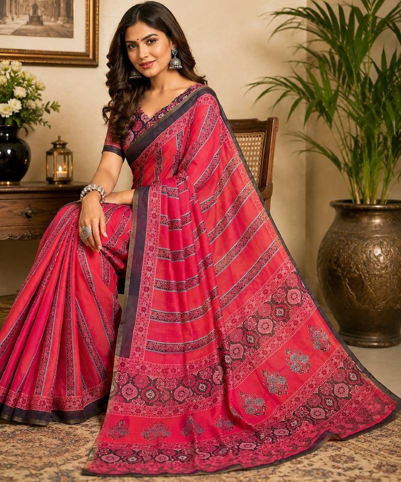 pink black chanderi cotton printed  party wear festive 1 minute ready to wear saree with unstitched blouse piece