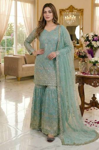 Sky blue embroidered sharara suit