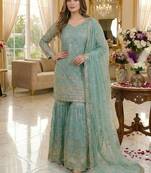 Sky blue embroidered sharara suit