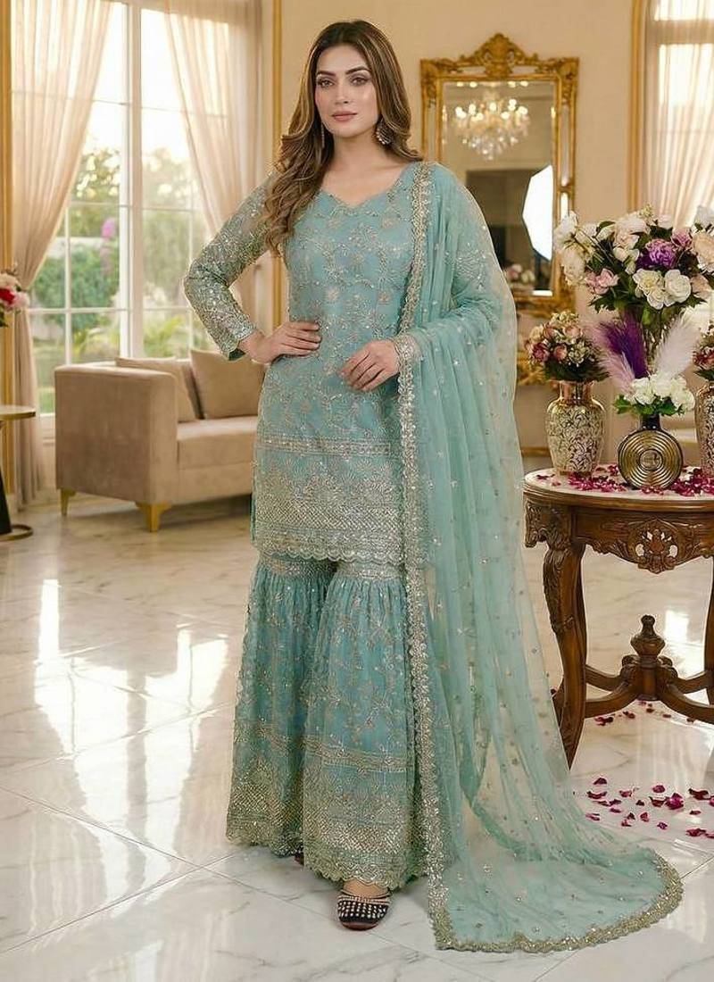 Sky blue embroidered sharara suit