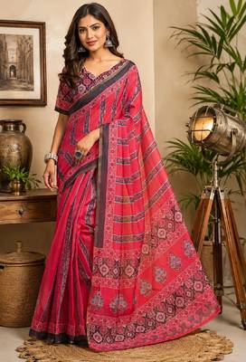 pink black chanderi cotton printed party wear festive 1 minute ready to wear saree with unstitched blouse piece 2