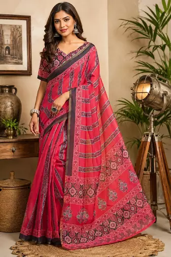 pink black chanderi cotton printed  party wear festive 1 minute ready to wear saree with unstitched blouse piece