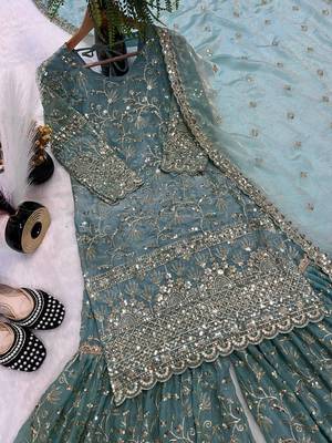 Sky blue embroidered sharara suit 3