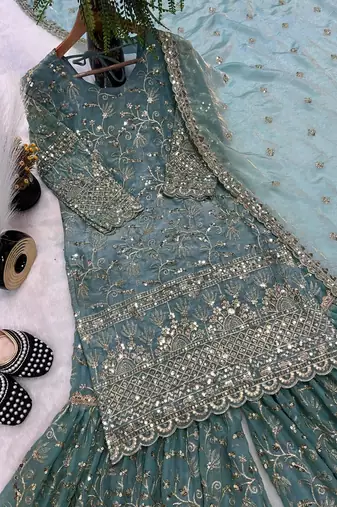 Sky blue embroidered sharara suit