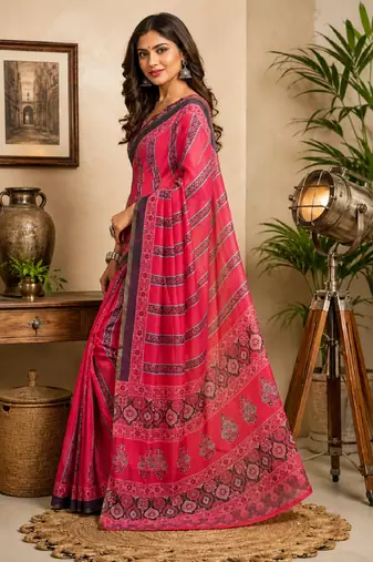 pink black chanderi cotton printed  party wear festive 1 minute ready to wear saree with unstitched blouse piece